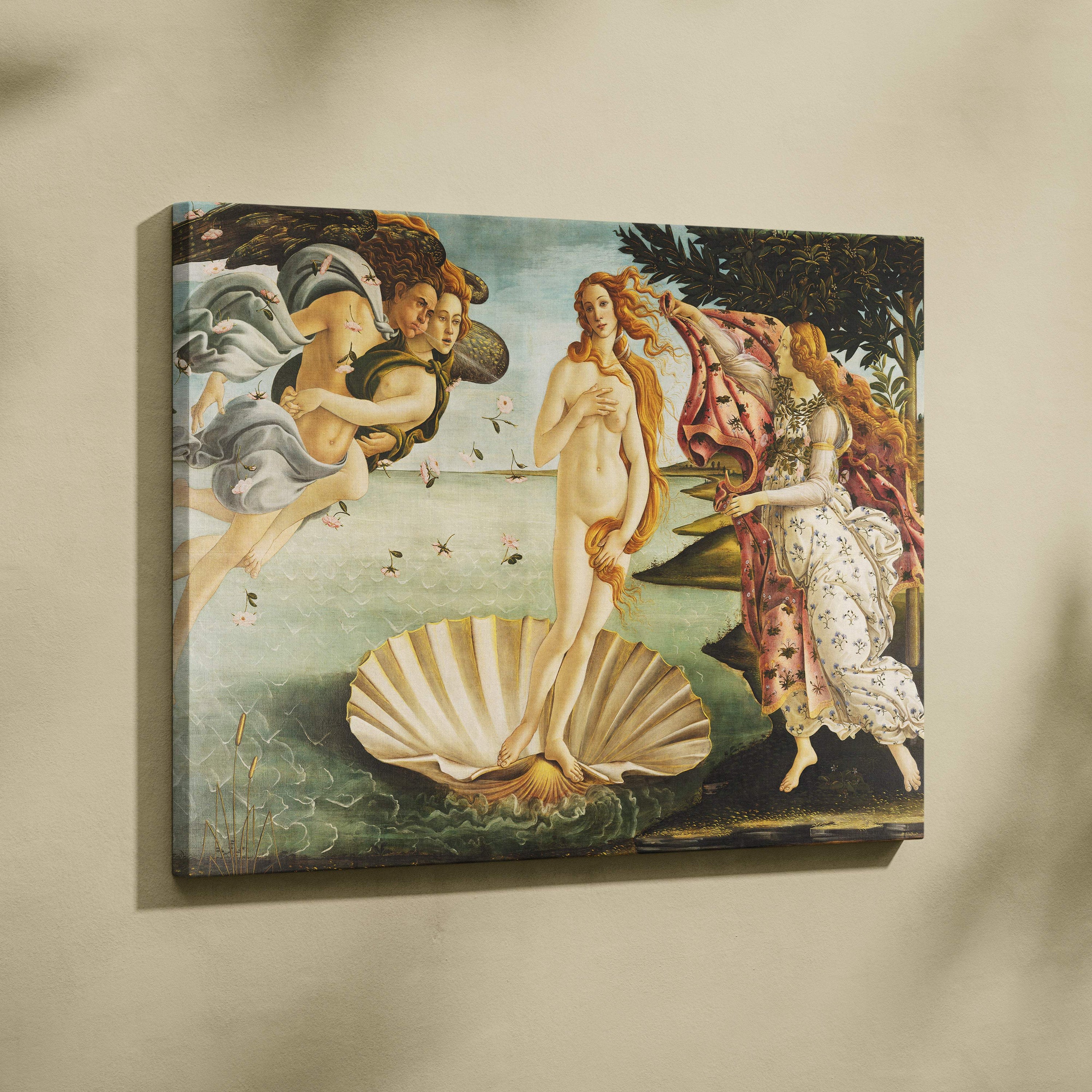 Framed Birth of Venus by Botticelli canvas print with nude goddess on seashell