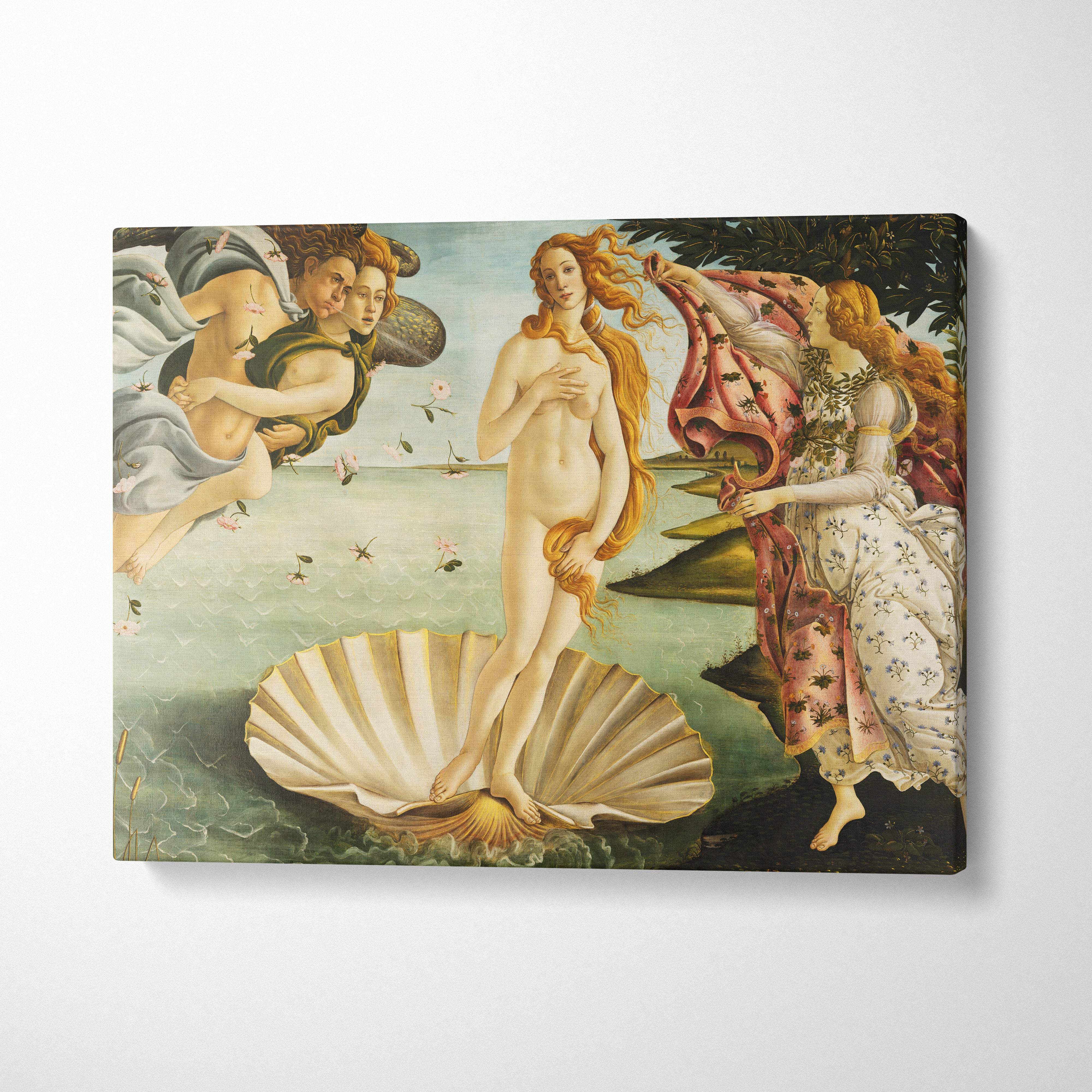 Canvas print of Botticellis Birth of Venus with nude goddess on seashell
