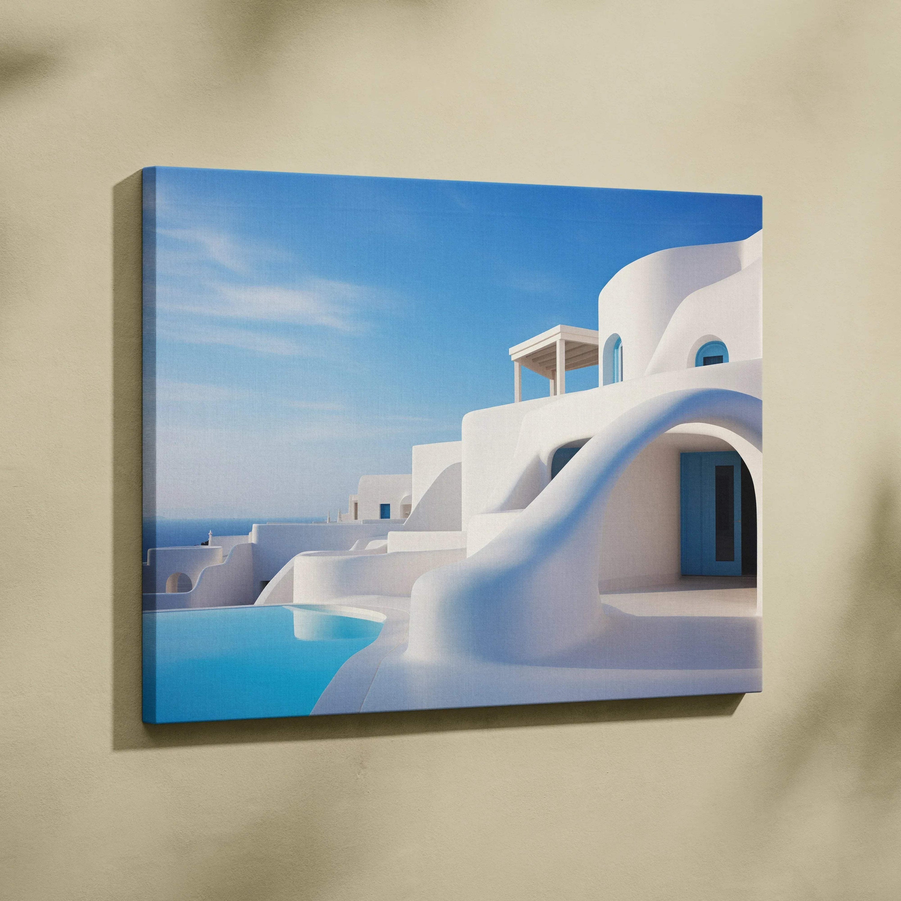 Canvas wall art showcasing white Mediterranean-style buildings under a clear blue sky.