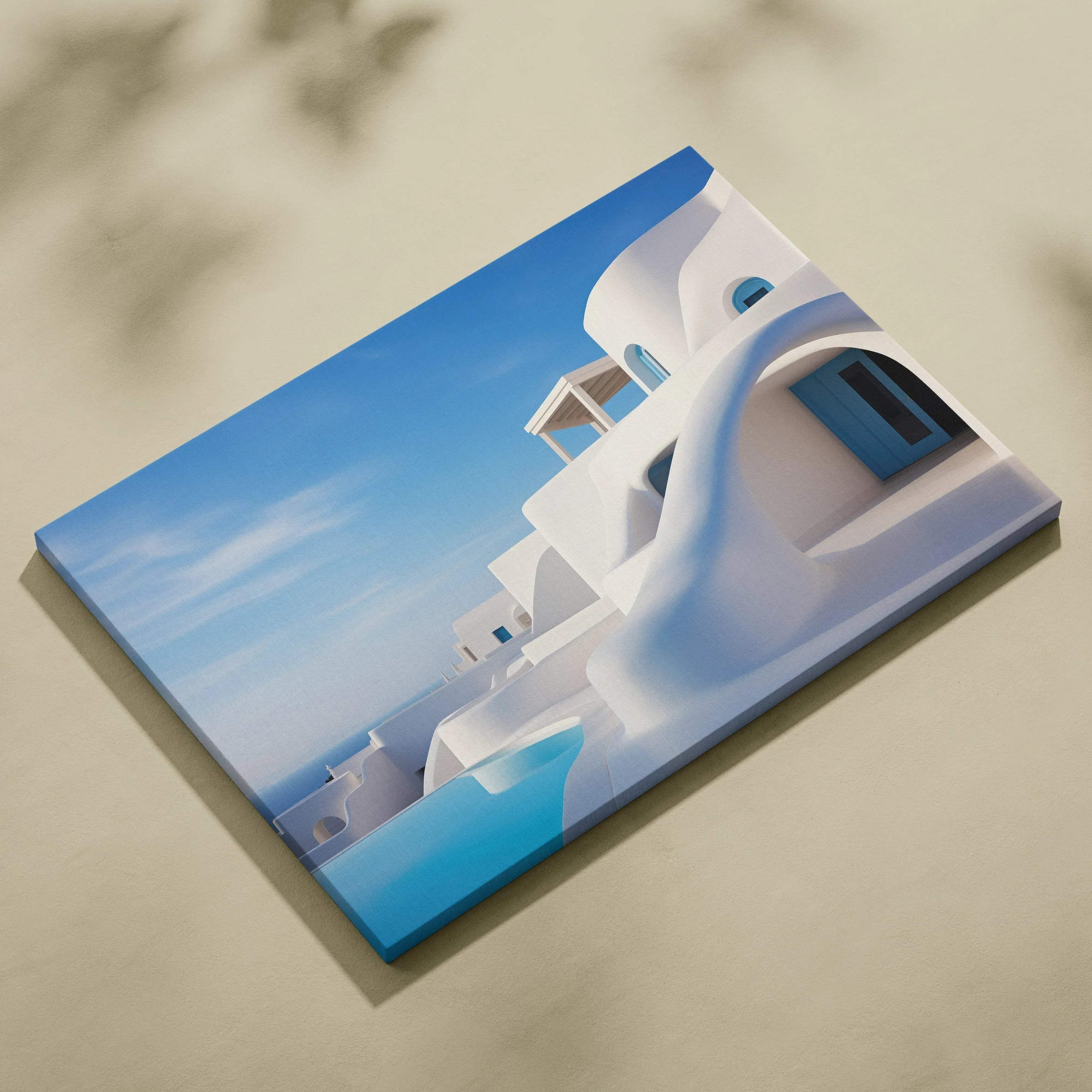 Canvas wall art featuring stunning white Mediterranean architecture against a clear blue sky.