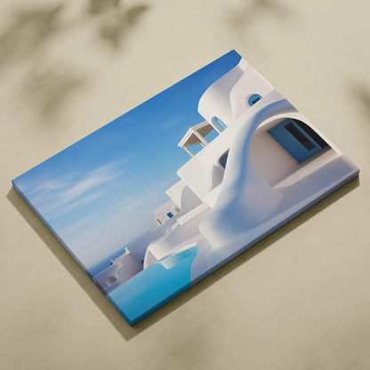 Canvas wall art featuring stunning white Mediterranean architecture against a clear blue sky.