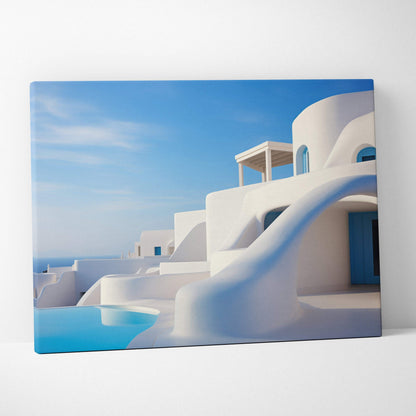 White modern architectural building with smooth curves next to a blue swimming pool under a clear sky on canvas wall art.