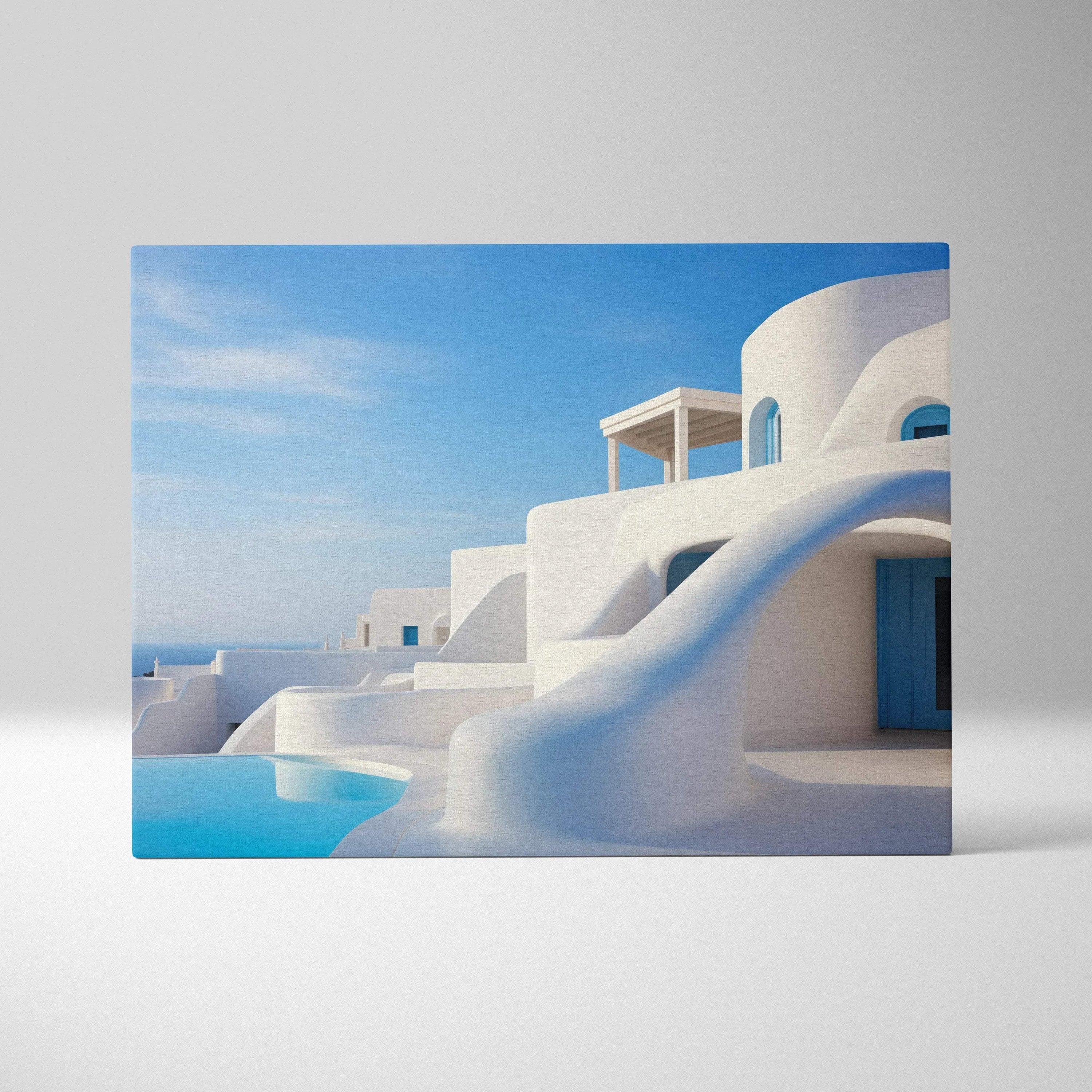 White Mediterranean architecture against blue sky on horizontal canvas wall art.