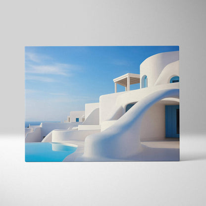White Mediterranean architecture against blue sky on horizontal canvas wall art.