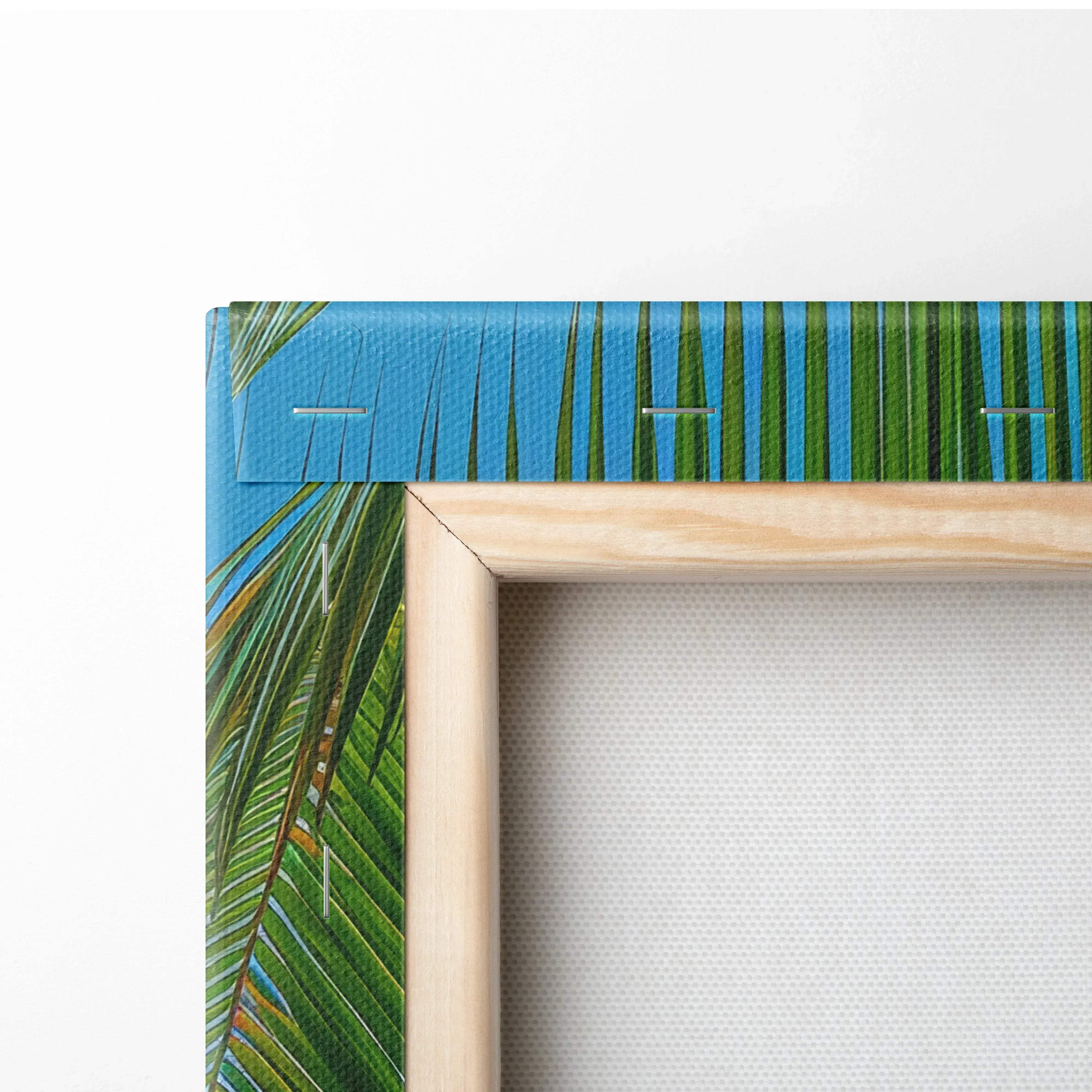 Framed tropical Seychelles beach canvas art with palm leaves and waves