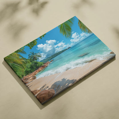 Stunning Seychelles Beach Canvas Art with Rolling Waves and Golden Sands