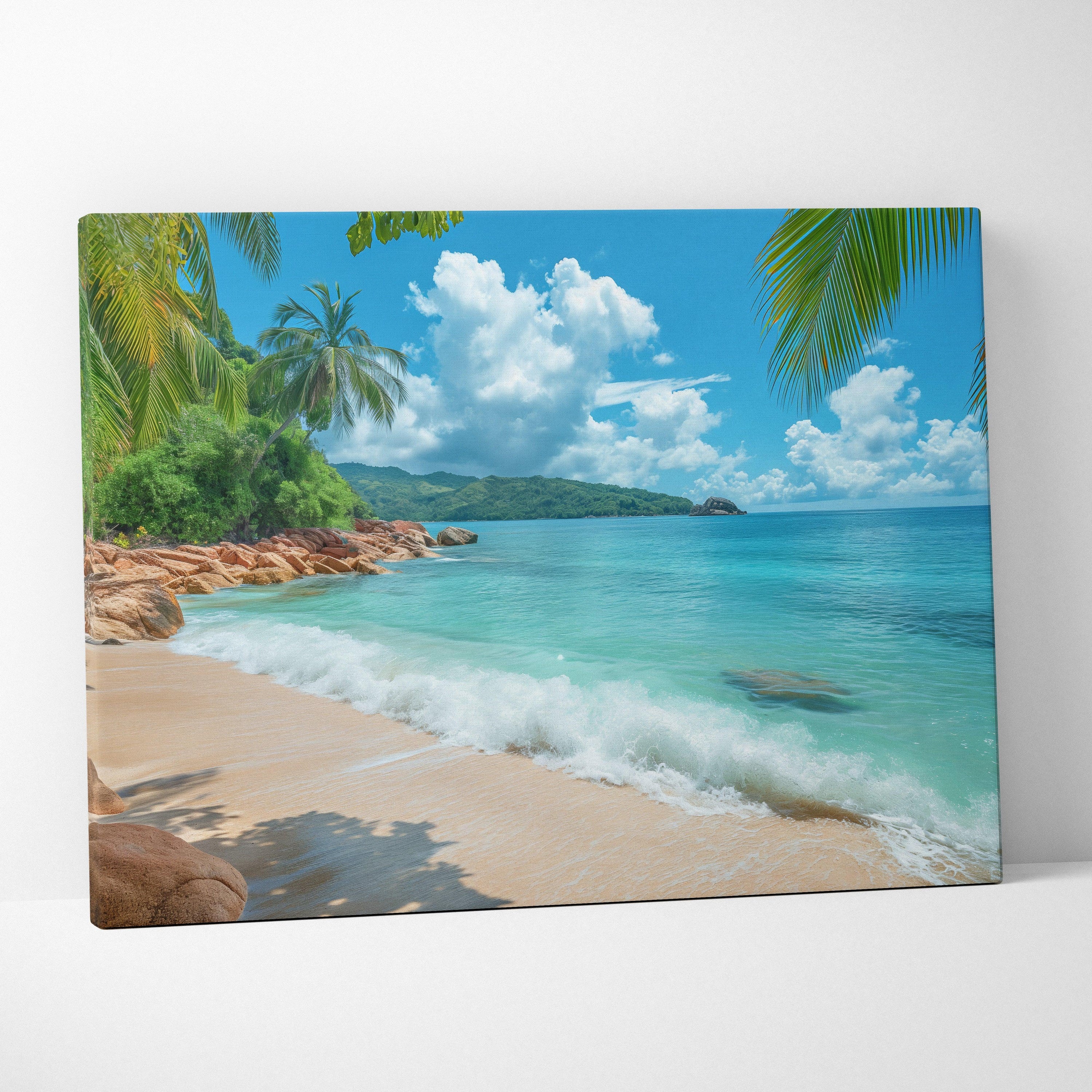 Stunning Seychelles Beach Canvas Art with Rolling Waves and Golden Sands