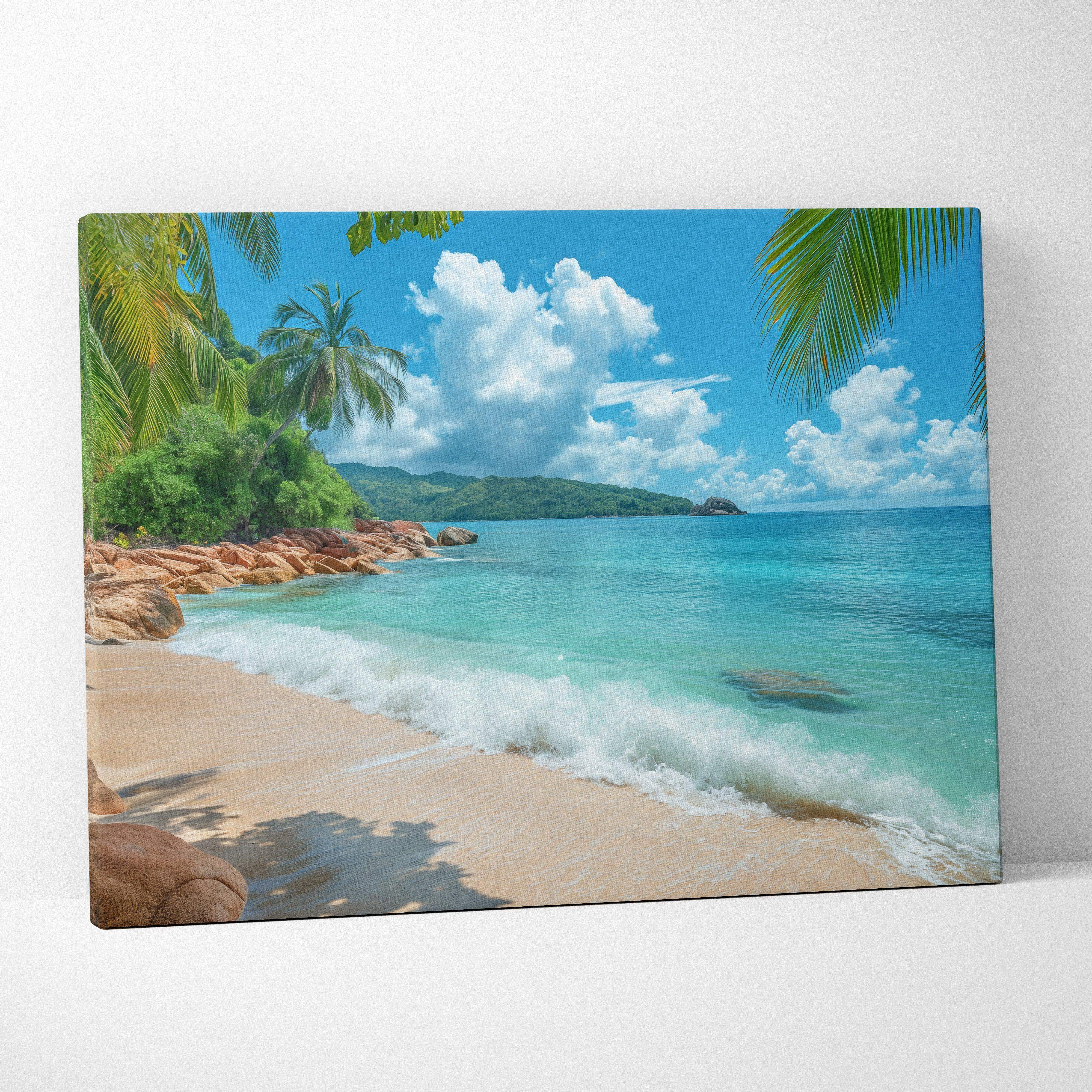 Tropical Seychelles beach canvas wall art with turquoise waves and golden sands