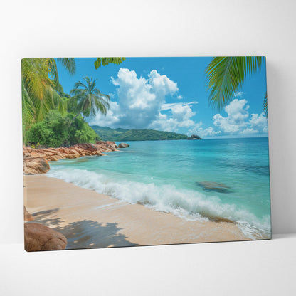 Stunning Seychelles Beach Canvas Art with Rolling Waves and Golden Sands
