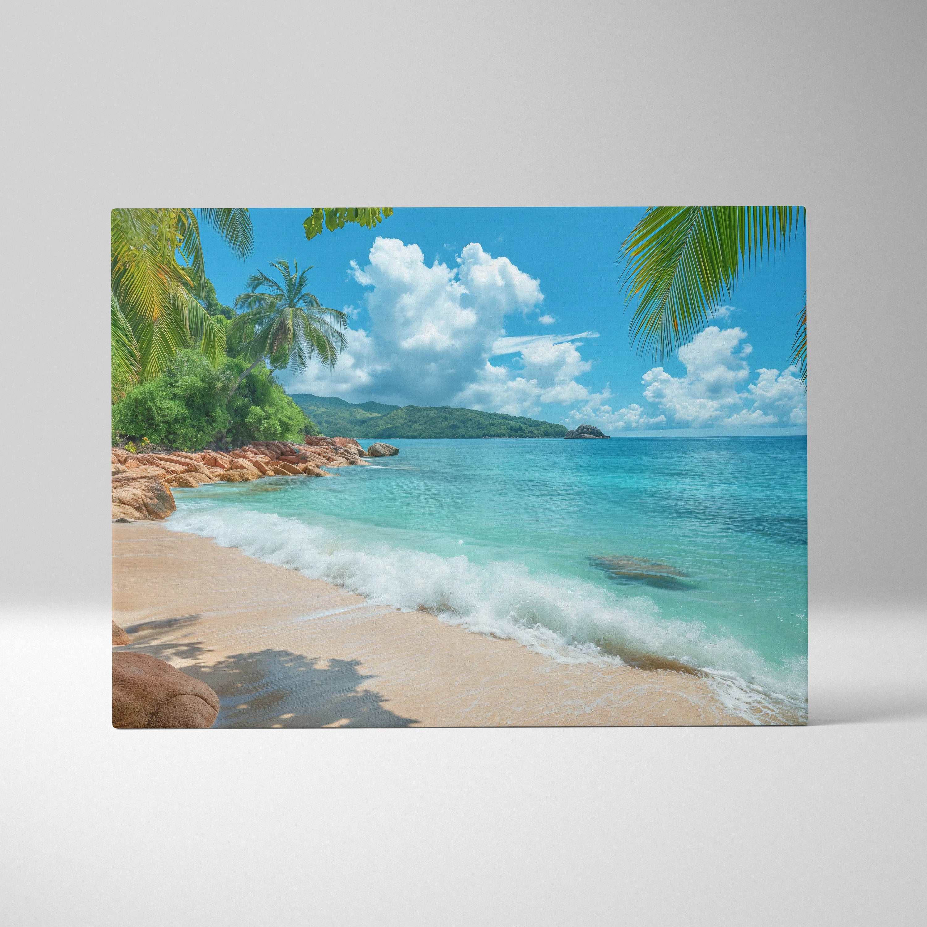 Stunning Seychelles Beach Canvas Art with Rolling Waves and Golden Sands