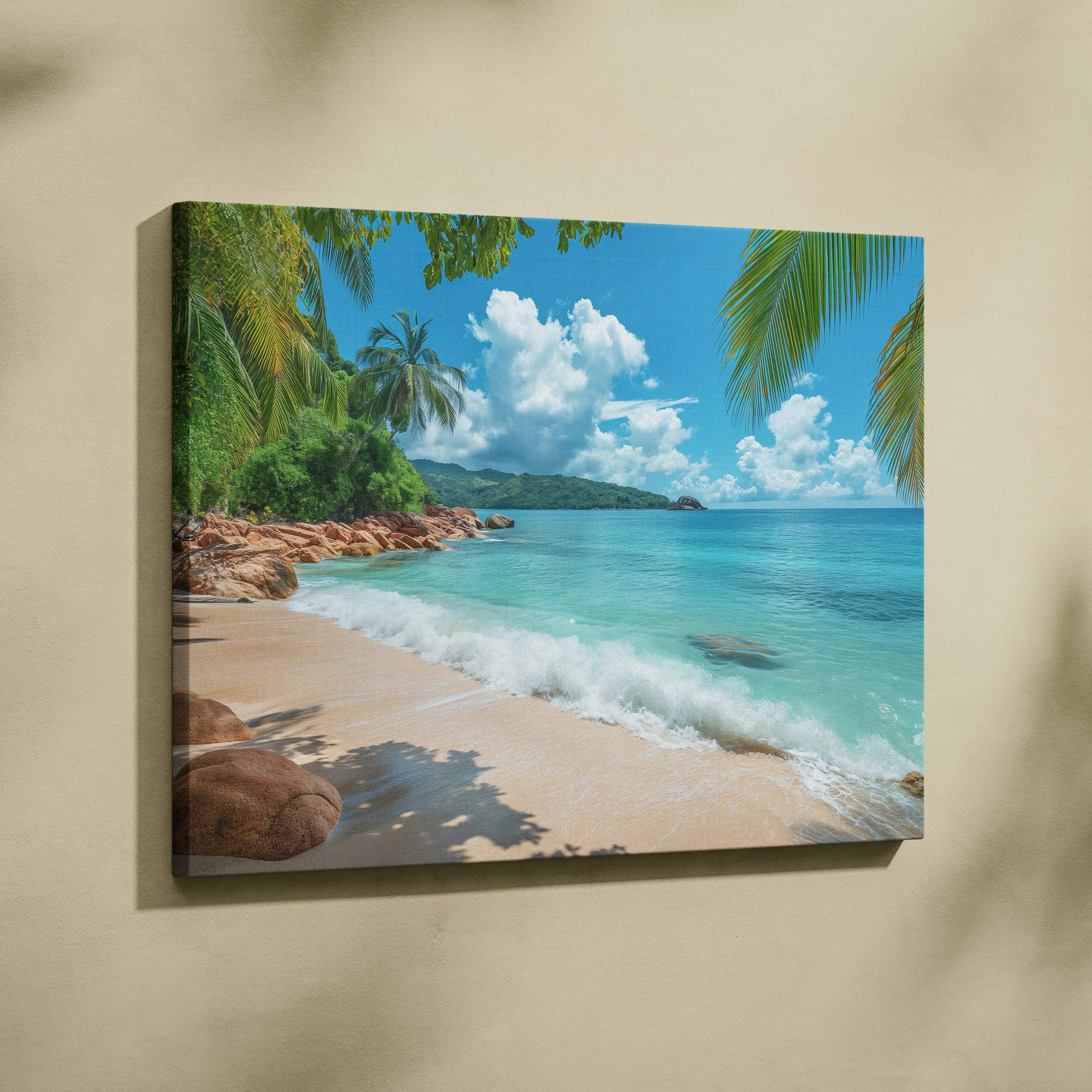 Canvas print of Seychelles tropical beach with turquoise waves and palms
