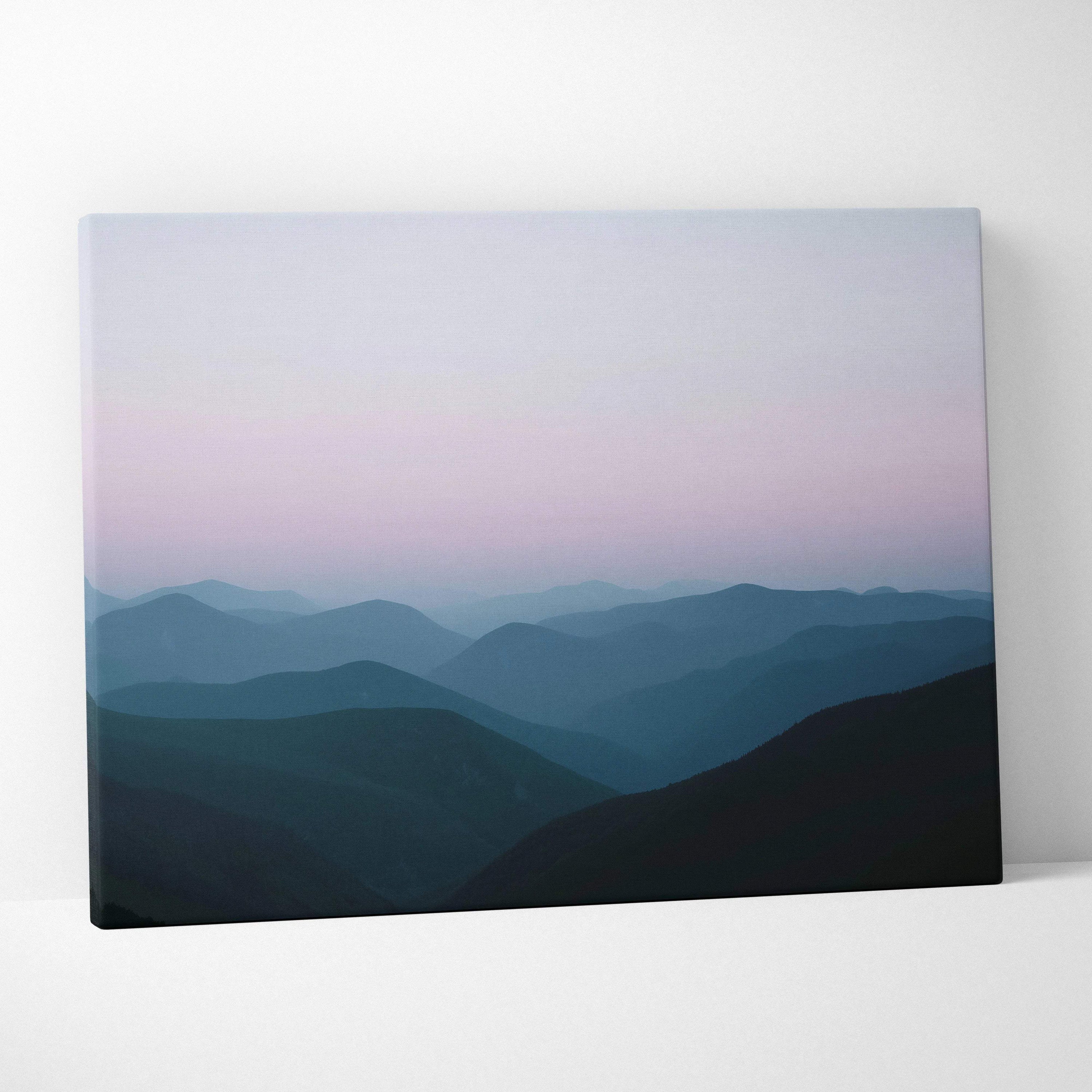 Canvas wall art of foggy mountain landscape in soft pink blue gradient