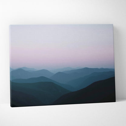 Canvas wall art of foggy mountain landscape in soft pink blue gradient