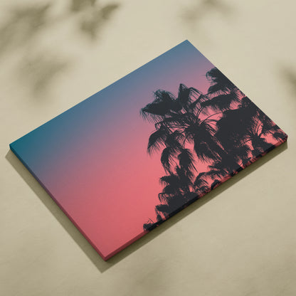 Canvas wall art featuring black palm tree silhouettes against a gradient dusk sky with shades of blue and pink.