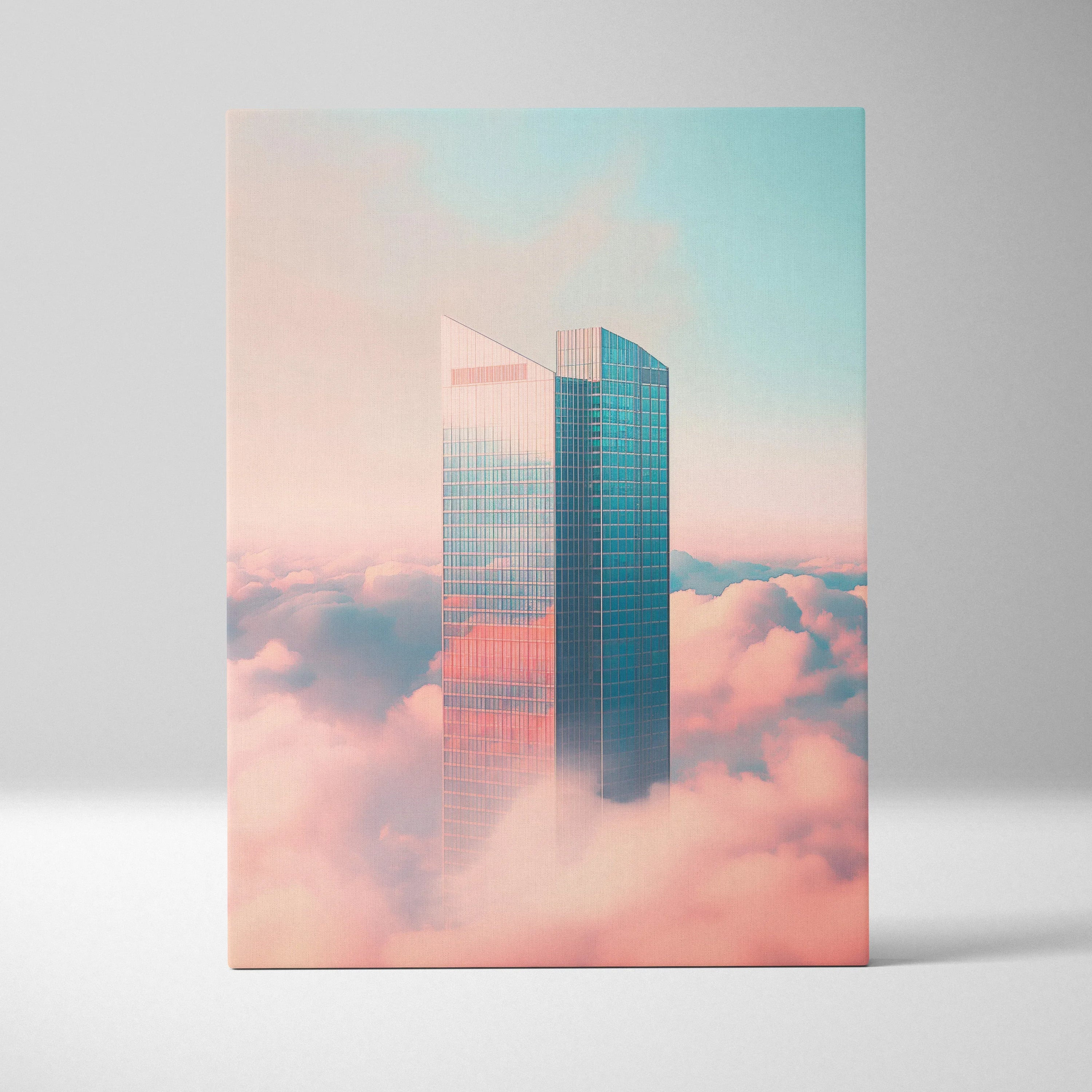 Canvas wall art featuring minimalist digital skyscrapers with reflective glass, set above pink clouds in a soft blue sky.