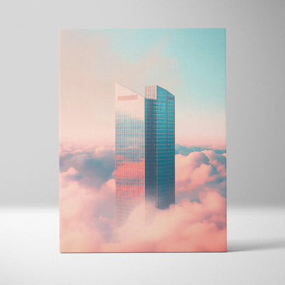 Canvas wall art featuring minimalist digital skyscrapers with reflective glass, set above pink clouds in a soft blue sky.