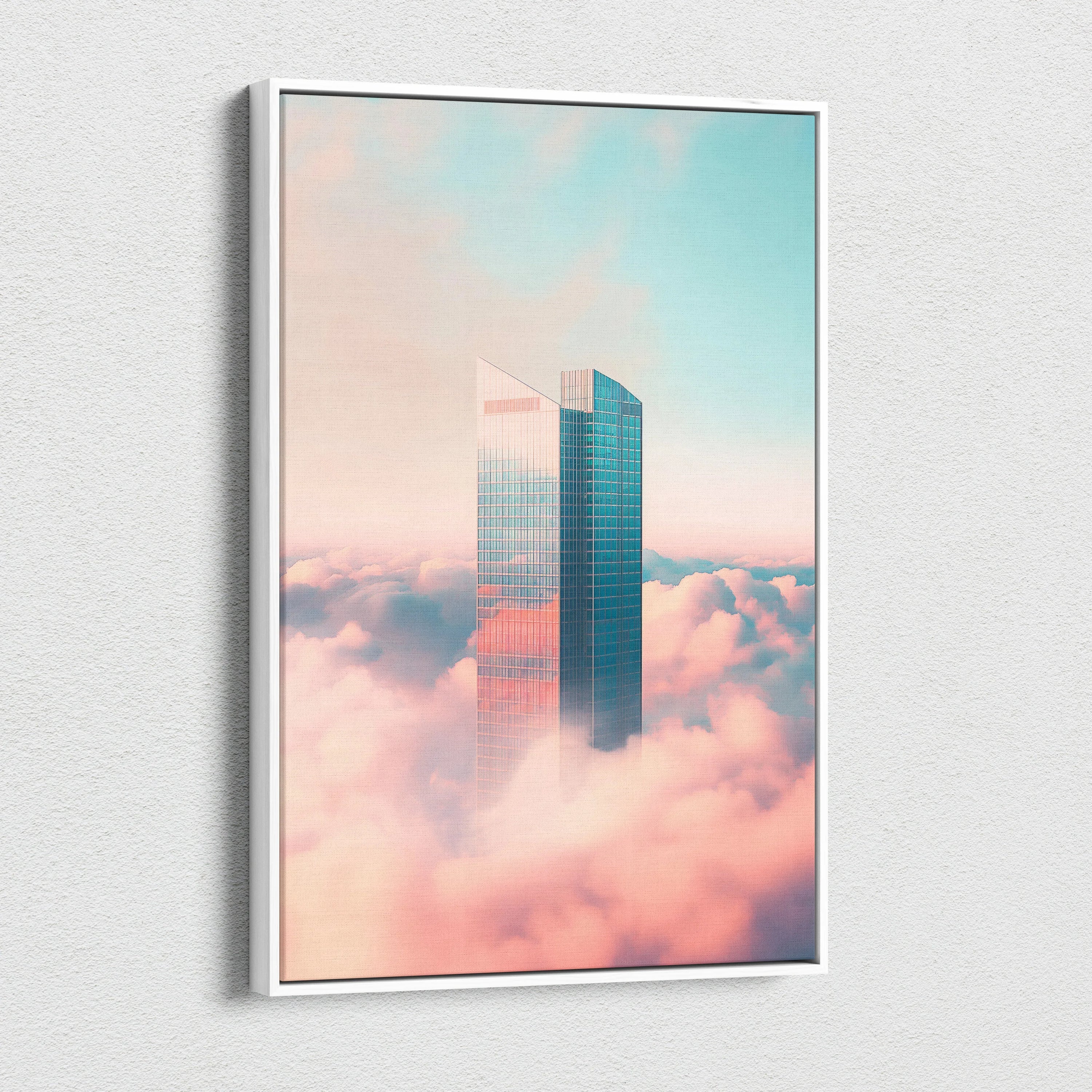 Canvas wall art print featuring minimalist skyscraper buildings emerging through pink and blue clouds.