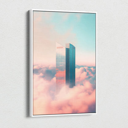 Canvas wall art print featuring minimalist skyscraper buildings emerging through pink and blue clouds.