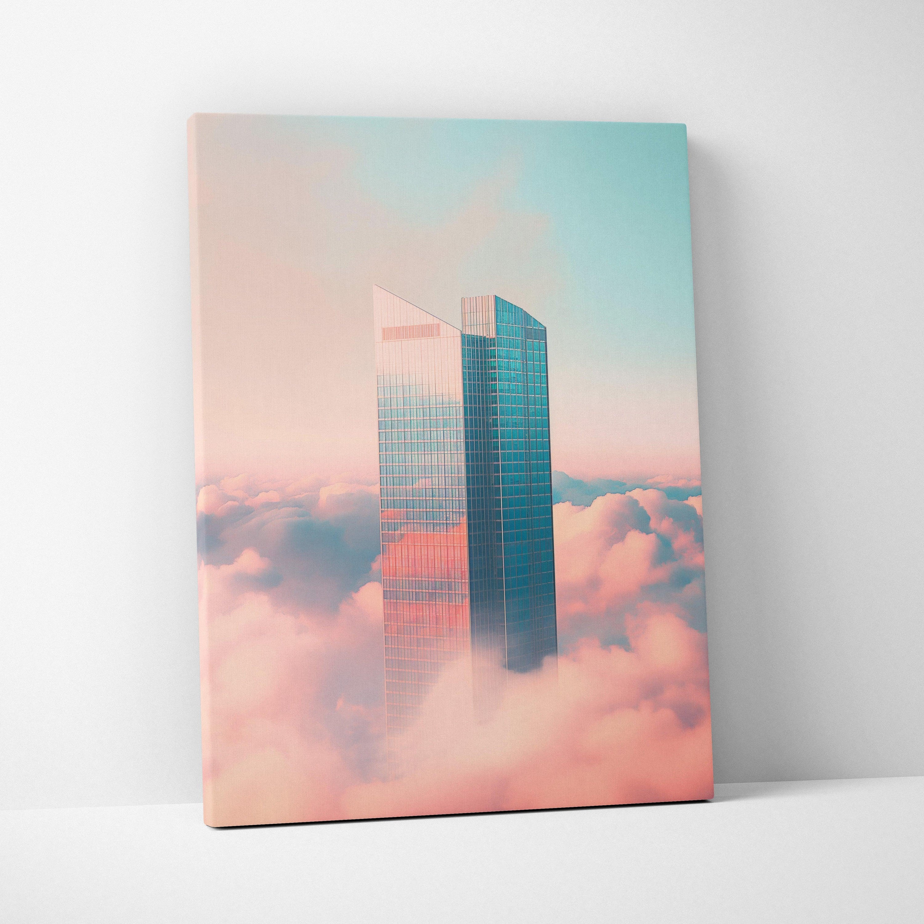 Canvas wall art featuring a minimalist digital skyscraper design with soft pastel pink and blue tones above clouds.