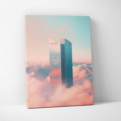 Canvas wall art featuring a minimalist digital skyscraper design with soft pastel pink and blue tones above clouds.