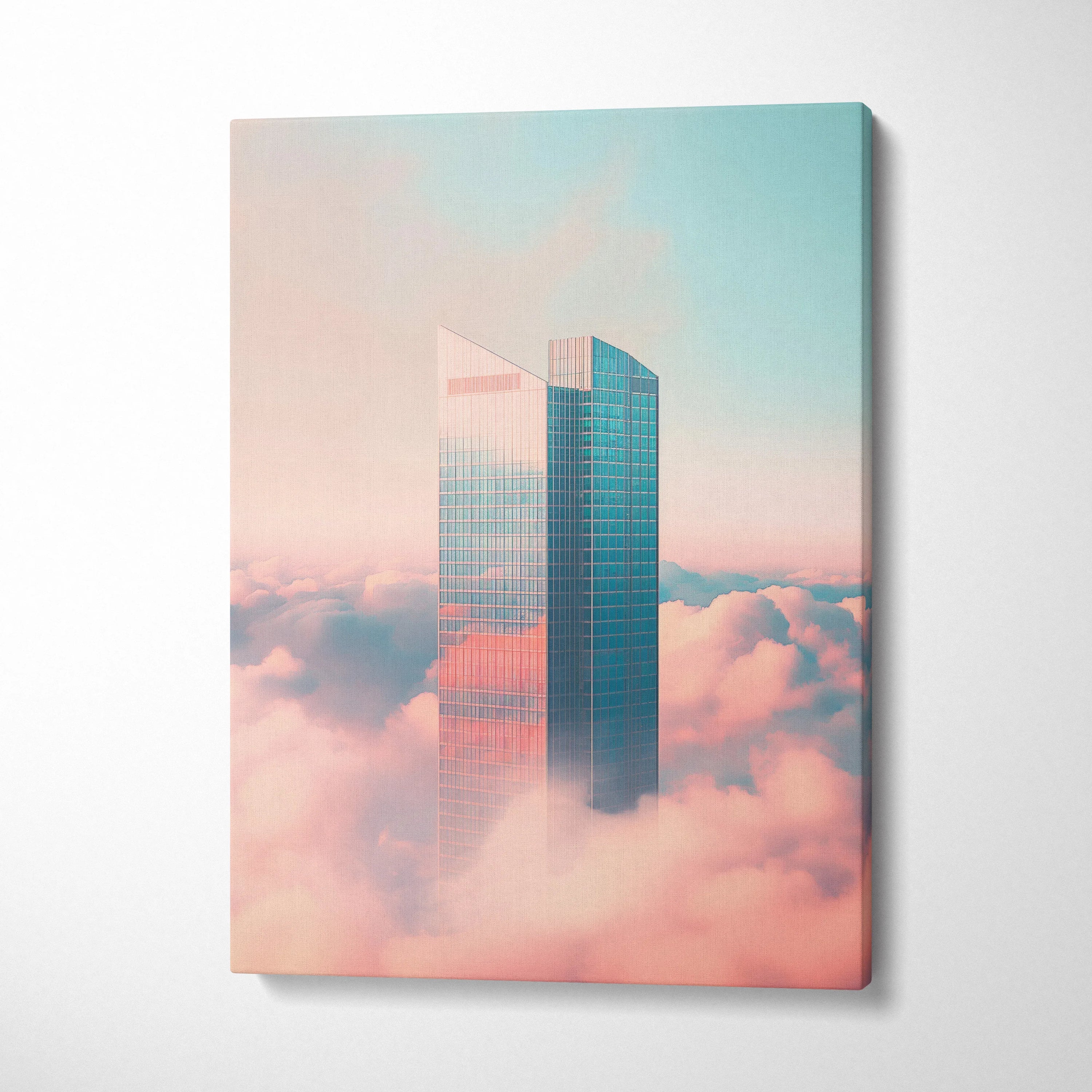 Modern minimalist skyscraper digital art with soft pink clouds on canvas wall art print.