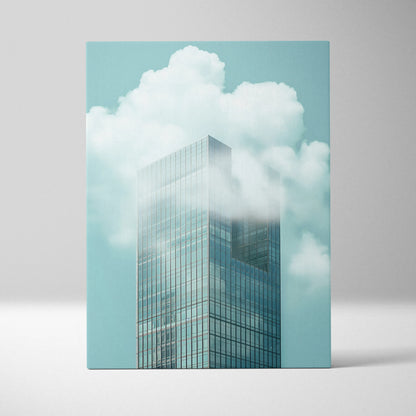Minimalist skyscraper canvas art with glass facade and soft clouds in pastel blue sky wall art.