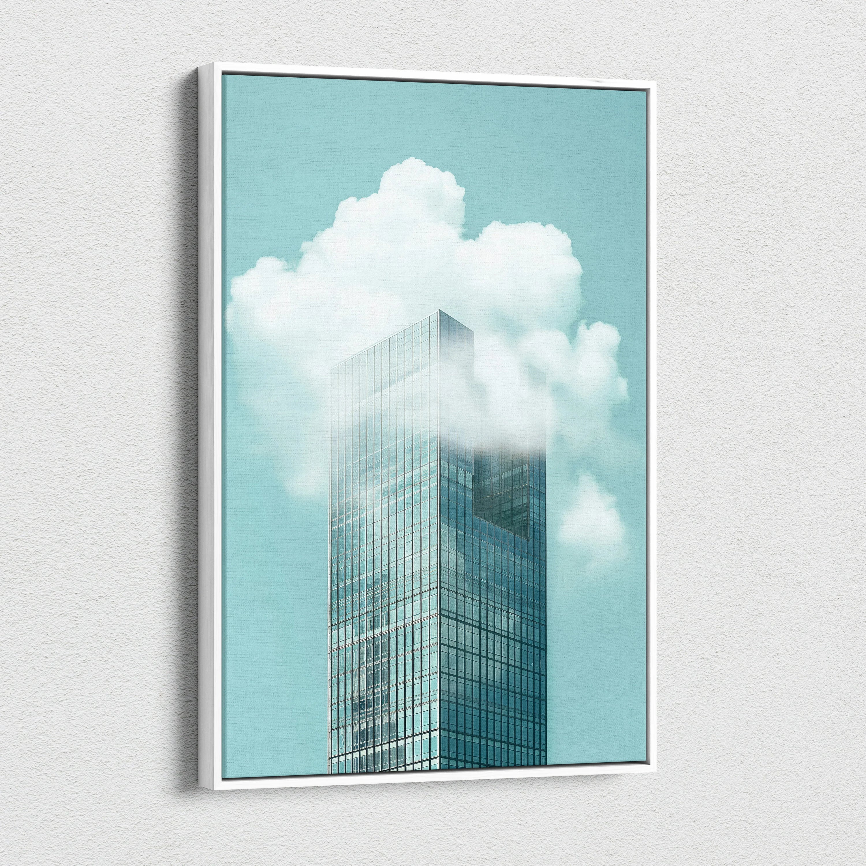 Canvas art featuring a modern skyscraper with reflective glass against a blue sky and white clouds.