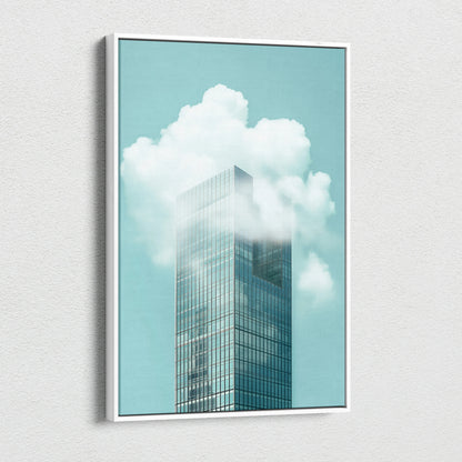 Canvas art featuring a modern skyscraper with reflective glass against a blue sky and white clouds.