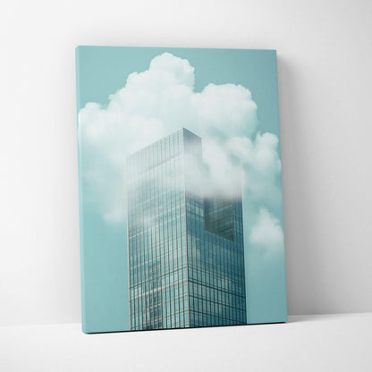 Canvas wall art featuring a minimalist skyscraper with reflective glass against a soft blue sky with white clouds.