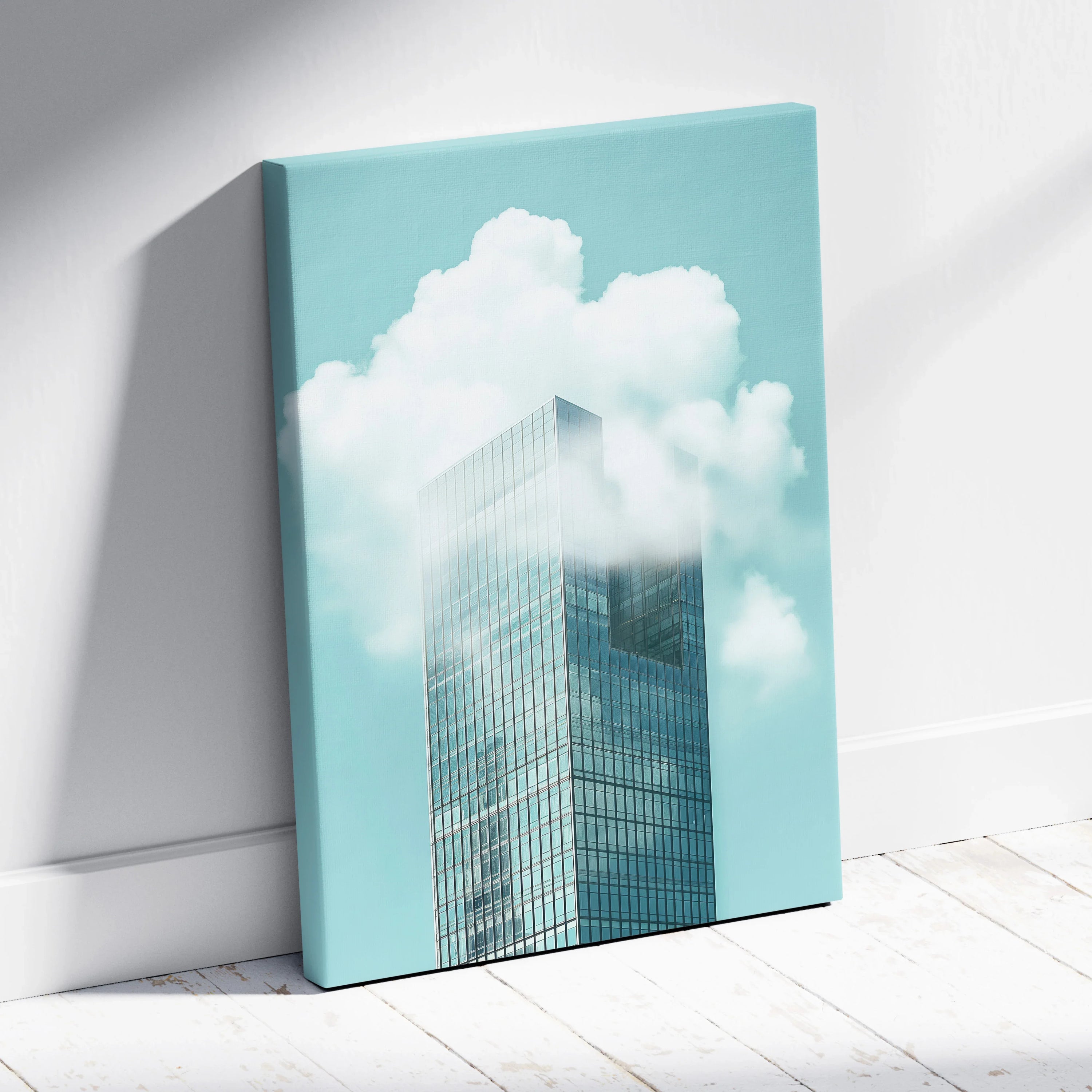 Modern minimalist skyscraper canvas art with glass building and soft cloud wall art design.