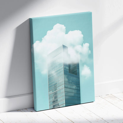 Modern minimalist skyscraper canvas art with glass building and soft cloud wall art design.