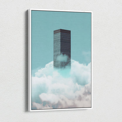 Canvas wall art featuring a minimalist dark skyscraper rising through soft white clouds against a pale blue sky background.