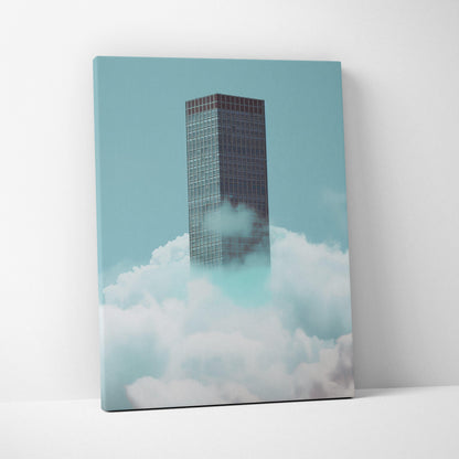 Minimalist canvas art featuring a tall, dark skyscraper rising above white clouds against a soft blue sky.