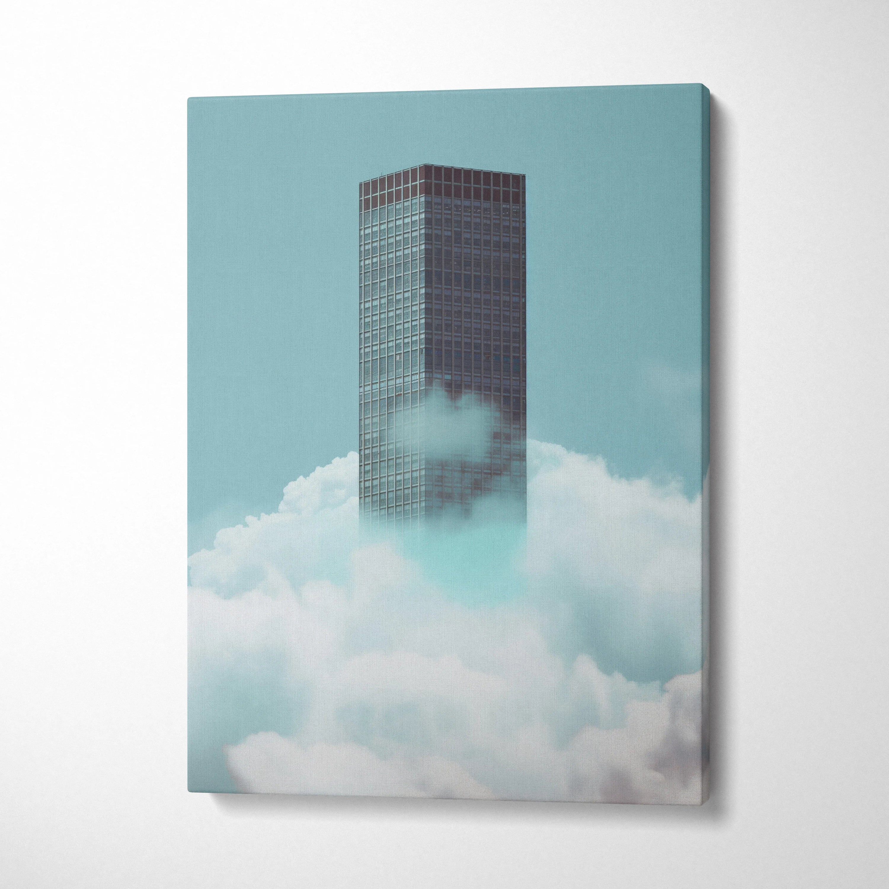 Modern minimalist skyscraper canvas art with clouds and blue sky background wall art print.
