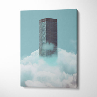 Modern minimalist skyscraper canvas art with clouds and blue sky background wall art print.