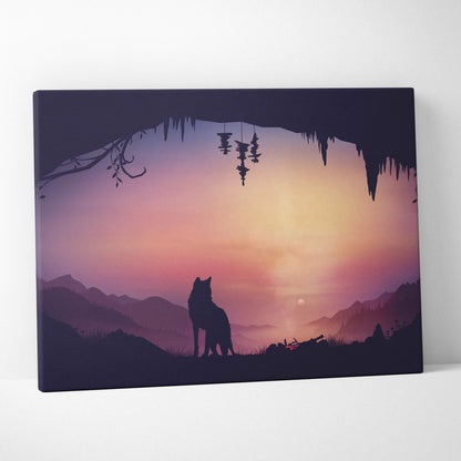 Minimalist wolf silhouette in cave at dusk over mauve pink gold horizon canvas art