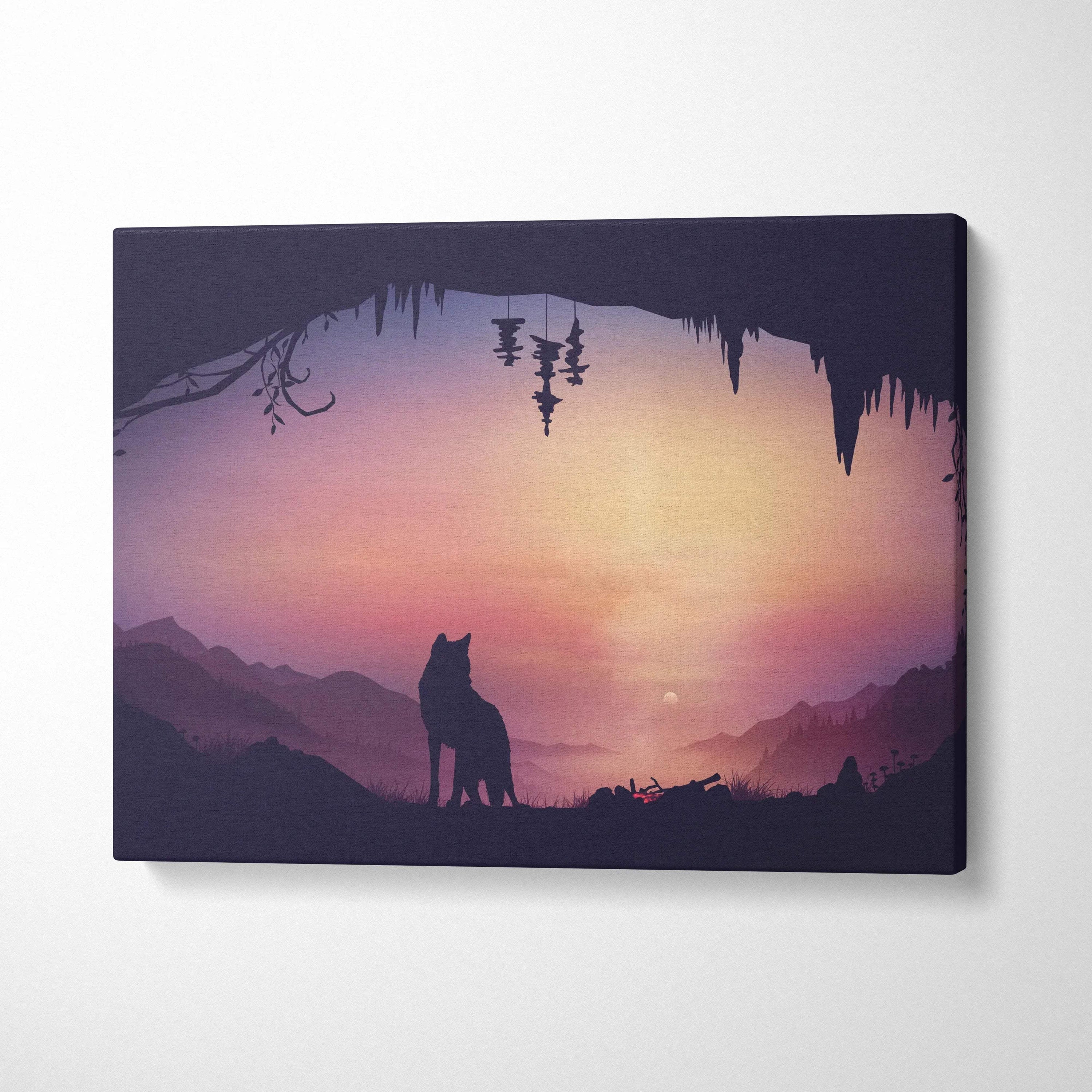 Minimalist wolf silhouette in cave at dusk over indigo mauve pink gold horizon canvas art