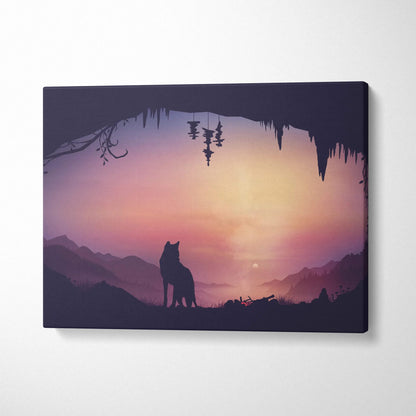 Minimalist wolf silhouette in cave at dusk over indigo mauve pink gold horizon canvas art