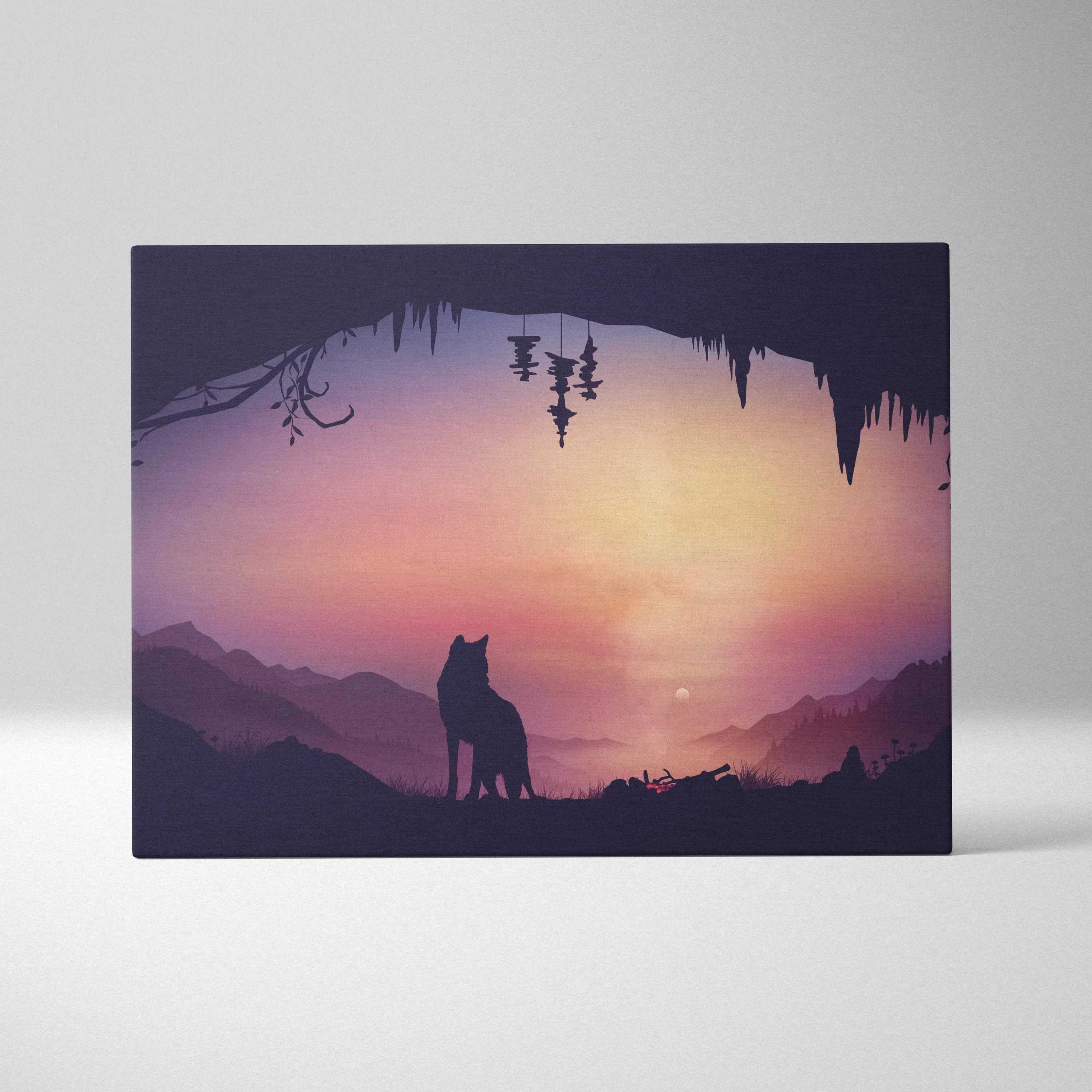 Minimalist wolf silhouette in cave at dusk with indigo mauve pink gold horizon canvas print