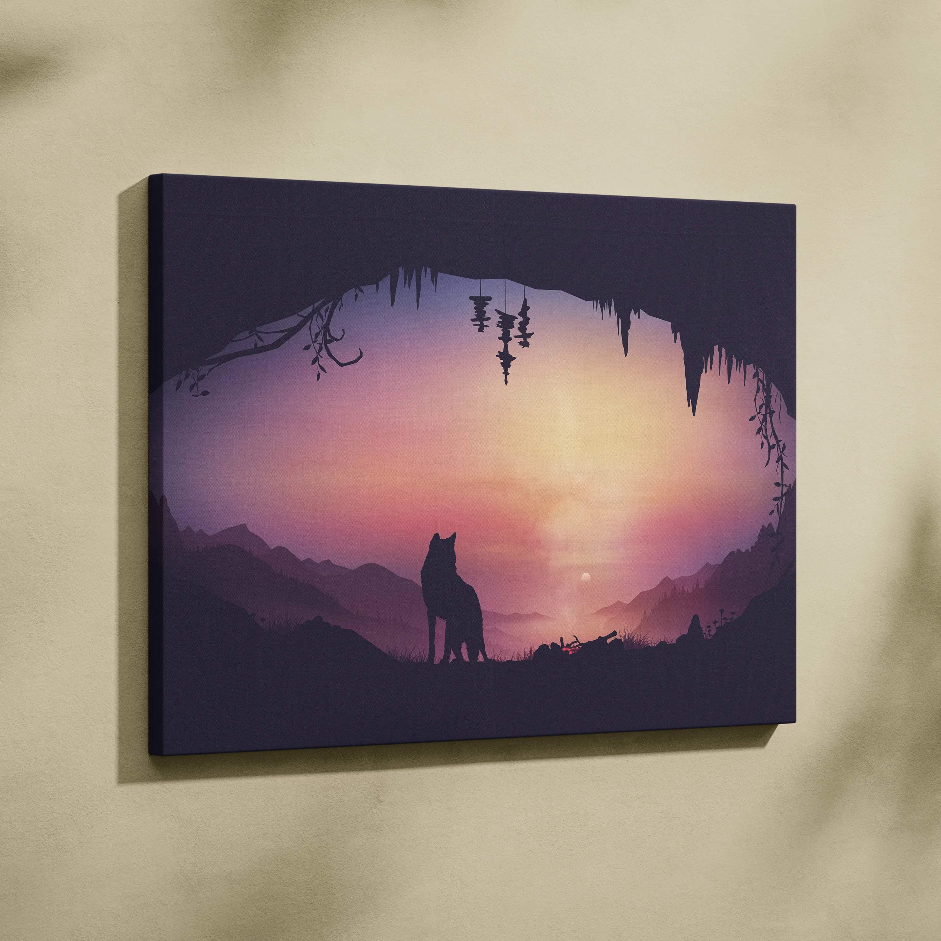Minimalist wolf silhouette in cave at dusk over mauve pink horizon canvas art