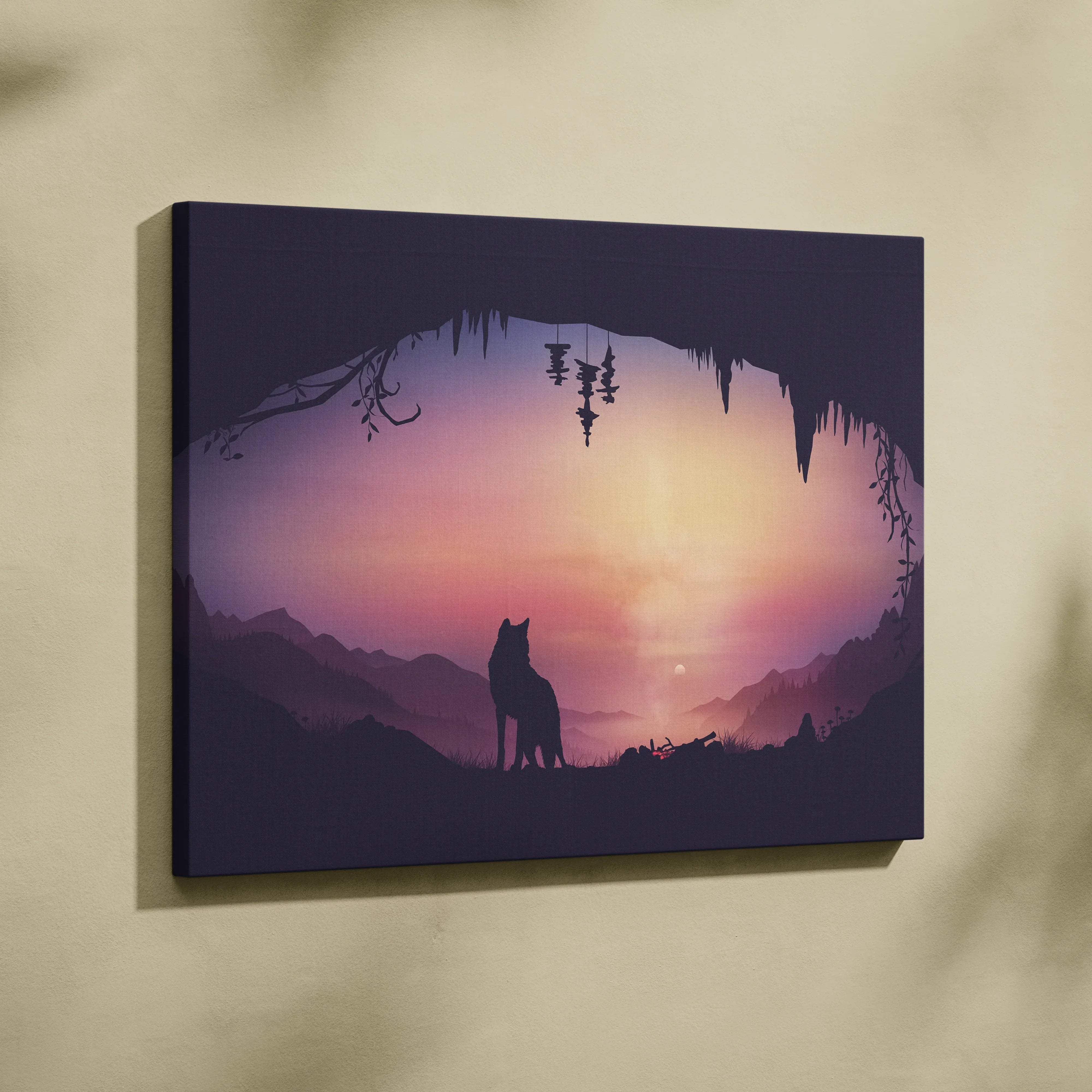 Minimalist wolf silhouette in cave at dusk over mauve pink horizon canvas art