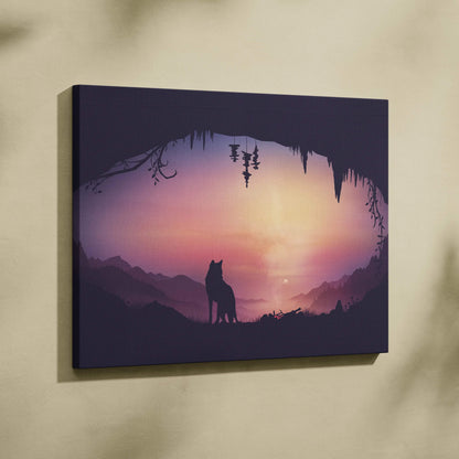 Minimalist wolf silhouette in cave at dusk over mauve pink horizon canvas art