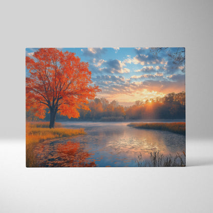 Autumn sunset canvas art with vibrant orange tree by reflective lake, nature wall art.