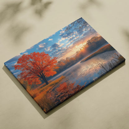 Autumn sunset canvas art with vibrant orange tree and reflective lake nature wall art.