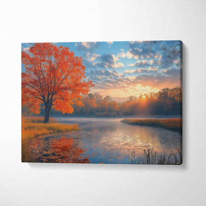Canvas art featuring vibrant autumn sunset over a reflective river with orange trees and golden light.