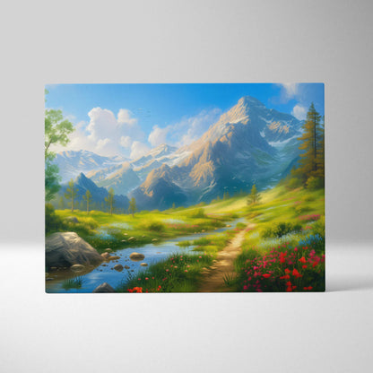 Canvas print of pastoral mountain landscape with stream in sunny meadow