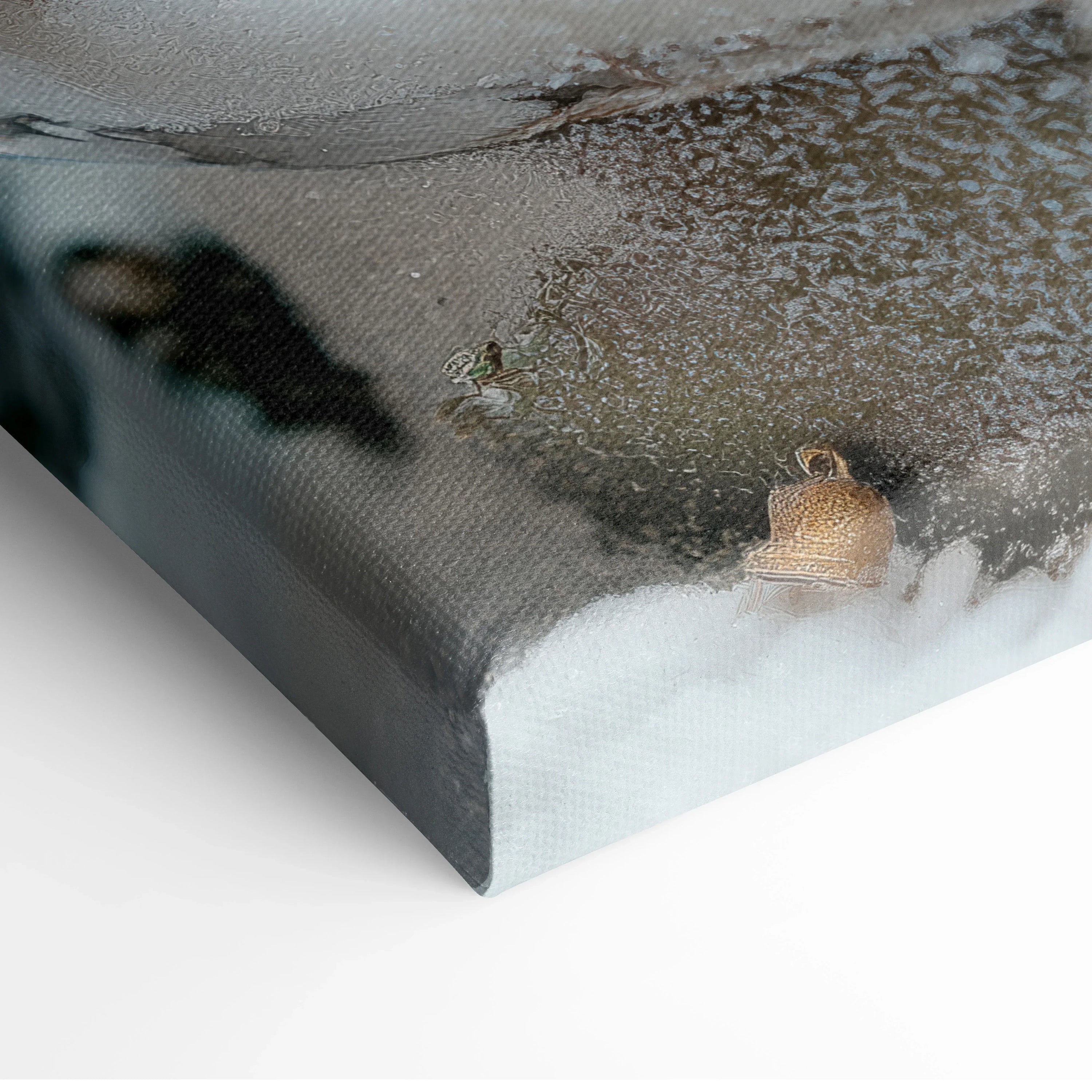 Canvas wall art print featuring a snowy winter village inside a snow globe with a soft sunset background and digital art.