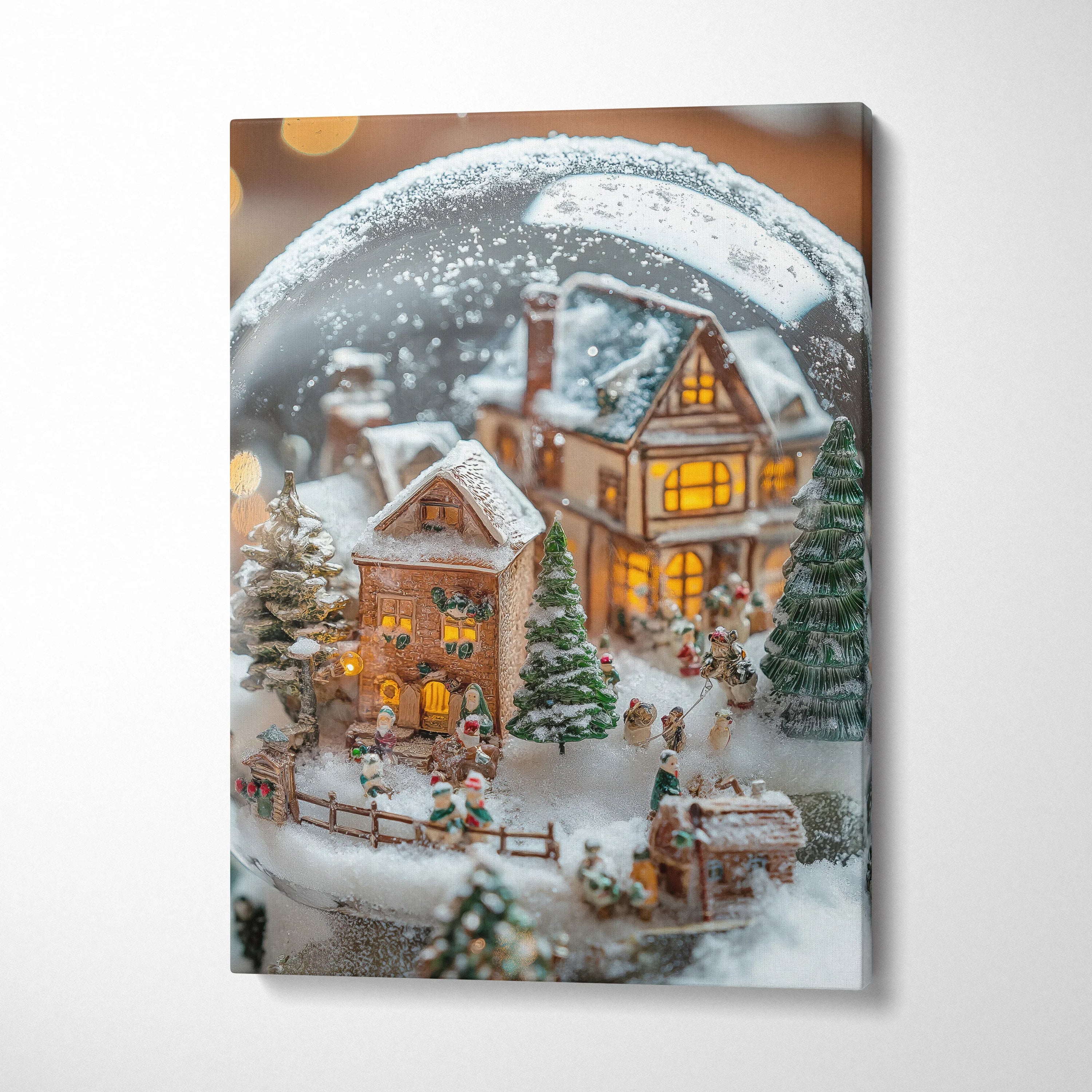 Canvas wall art depicting a cozy winter village inside a snow globe with glowing lights and snowy trees.