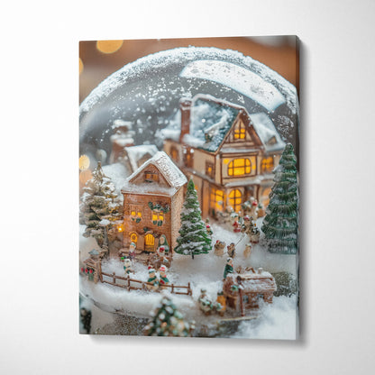 Canvas wall art depicting a cozy winter village inside a snow globe with glowing lights and snowy trees.