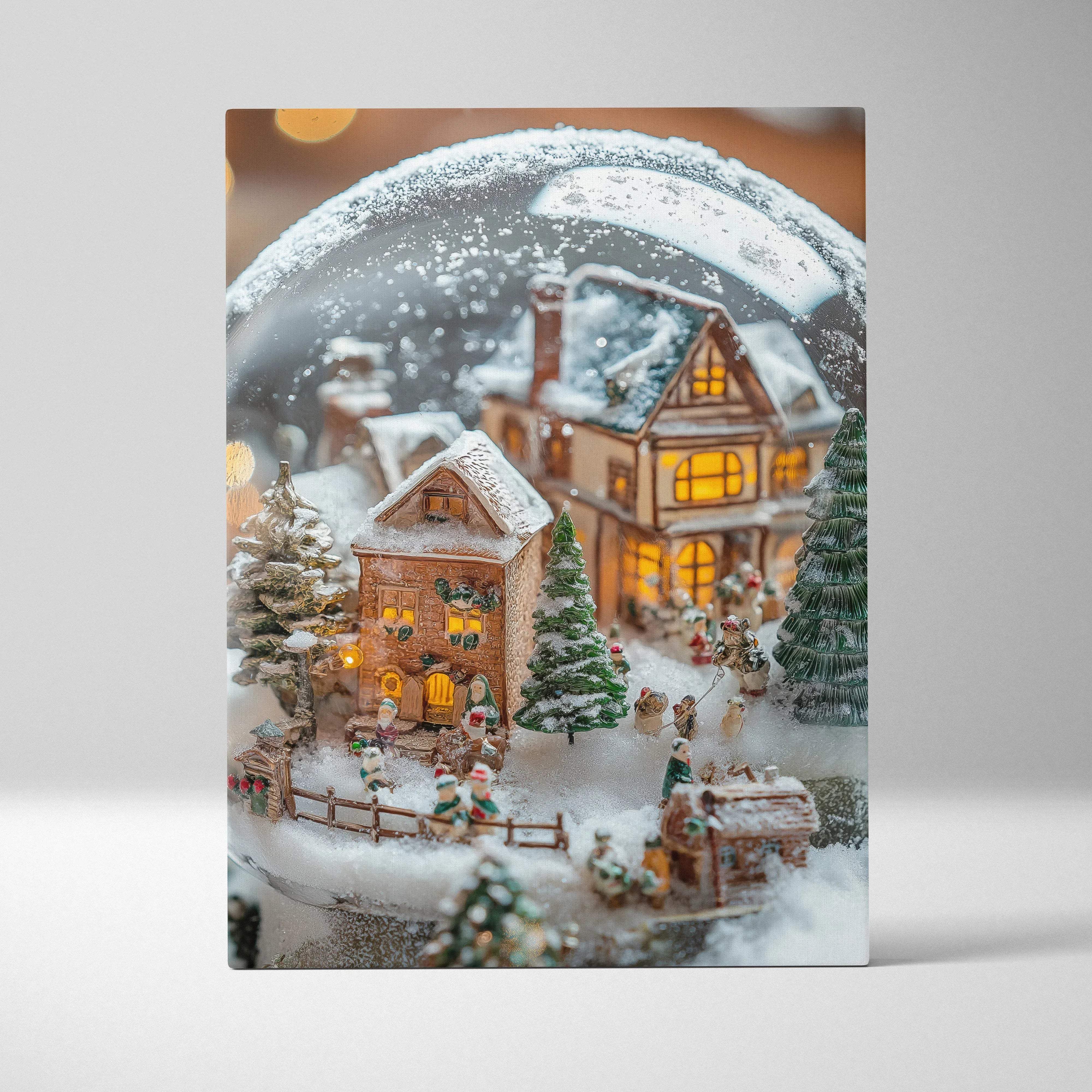 A festive miniature snow globe with illuminated houses and snowy trees featured in whimsical winter village wall art